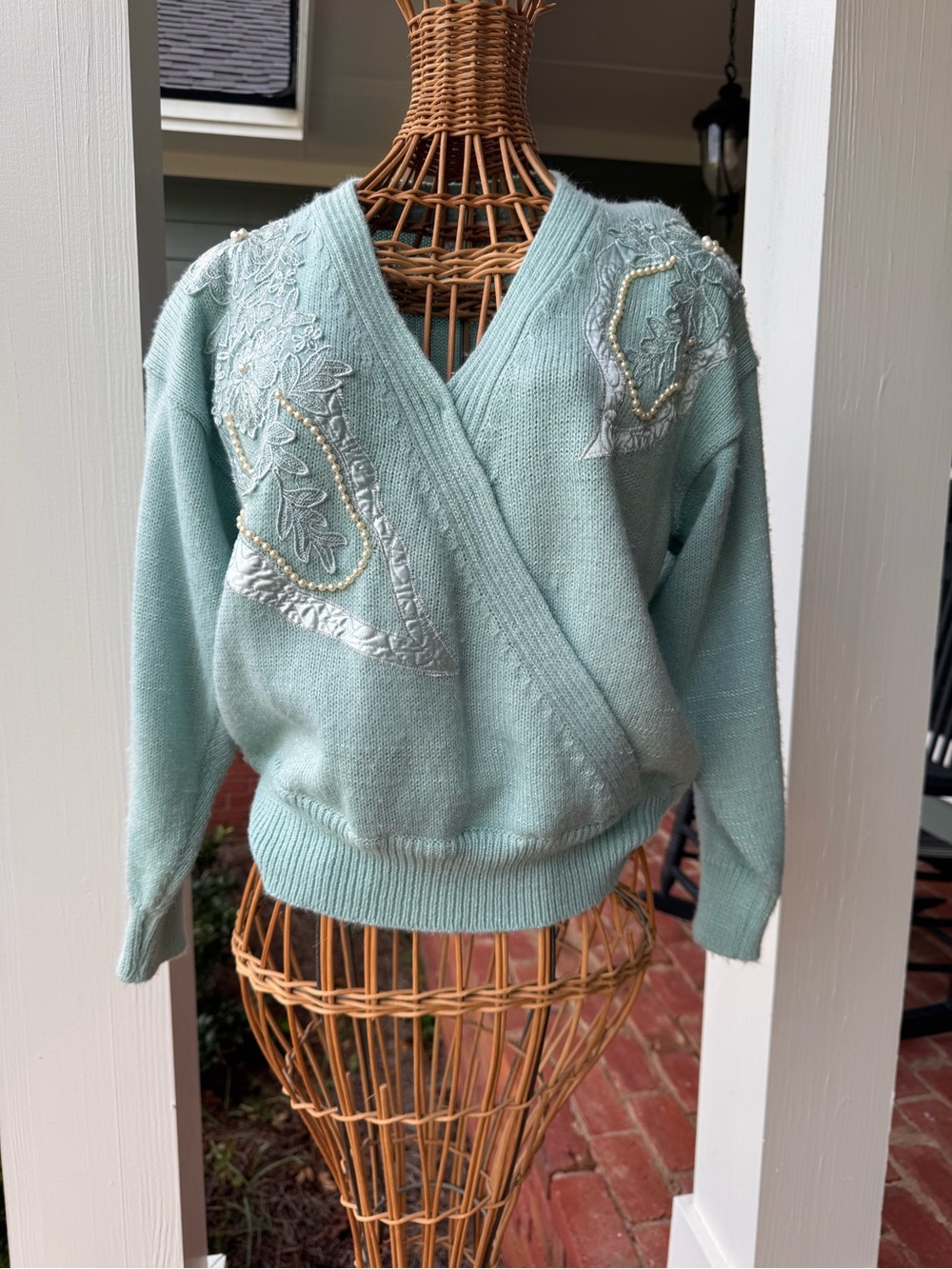 Vintage 80s Jaclyn  Smith Sweater L Aqua Pearl Floral Embroidered Wrap